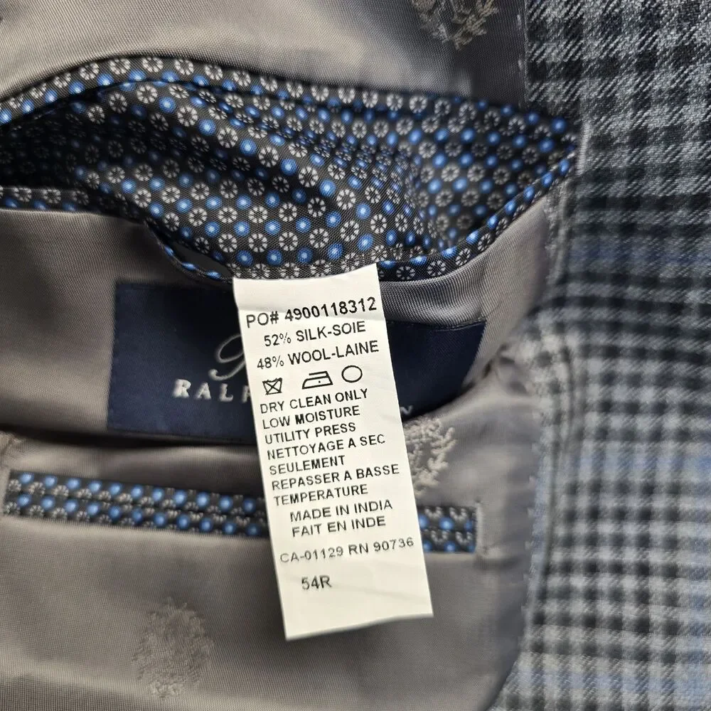 Ralph Ralph Lauren Blue Gray Check Tweed Blazer Men's 54R Regular Fit Two-Button